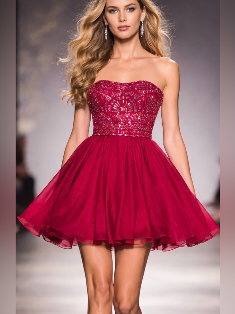 Sherri Hill Girls' Red Strapless Sequin Embellished Party Dress